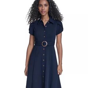 Calvin Klein Navy Button-Front Midi Shirtdress with Belt